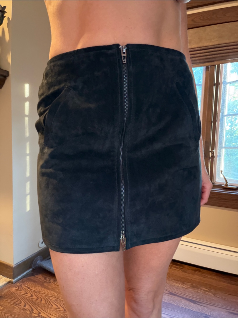 Blank NYC Black Suede Front-Zip Mini Skirt